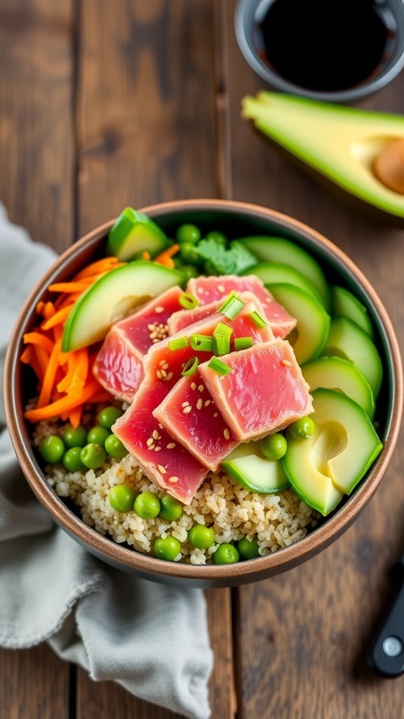 A colorful poke quinoa bowl with quinoa, cucumber, avocado, carrots, edamame, and diced tuna, garnished with sesame seeds and green onions.